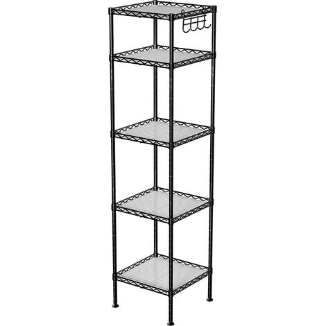 Étagère pour salle de bain à 5 niveaux étagère d’angle métallique robuste charge 100 kg avec 5 planches en plastique crochets amovibles 30 x 30 x 123,5 cm extensible noir (1/3)