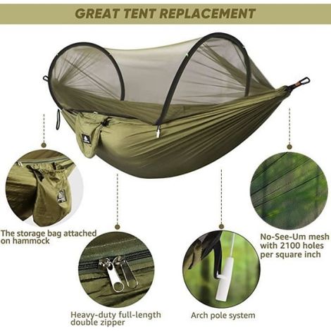 Hamac - Ultraléger - Armée verte - Moustiquaire - Nylon parachute - 275 x 140 cm (1/4)