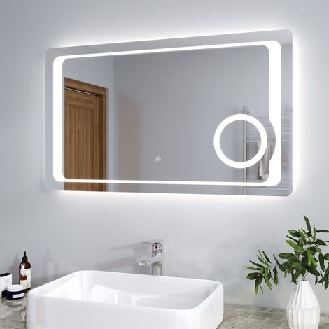 ELEGANT 1000 x 600mm Anti-foggy Wall Mounted Mirror, Frontlit LED Illuminated Bathroom Mirror with 230V Shaver Socket, 3 Times Magnifying (1/5)