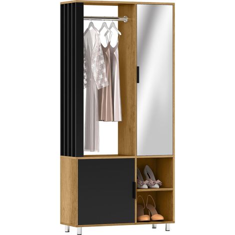Armoire chambre penderie avec miroir, compartenents ouverts, placard et trengle de suspension, 80 x 30 x 170 cm, naturel
