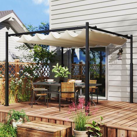 REDOM - Pérgola de jardín 3x3 m, techo retráctil UPF30+, estructura de acero, fijación magnética, tela PA, blanco crema (1/5)