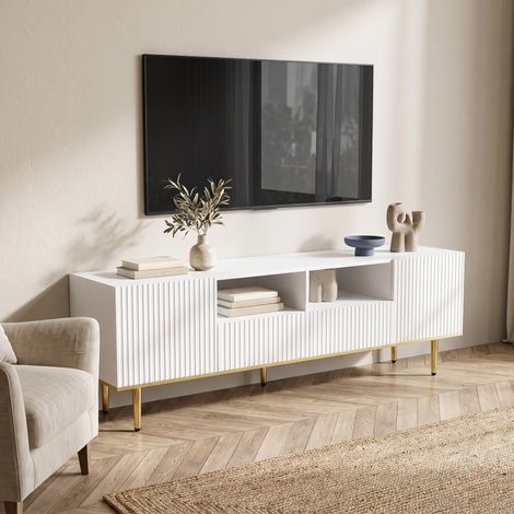 Meuble TV 165x36x55cm avec 2 Tiroirs et 2 Compartiments en Panneaux de Particules Style Moderne Blanc et Or (1/5)