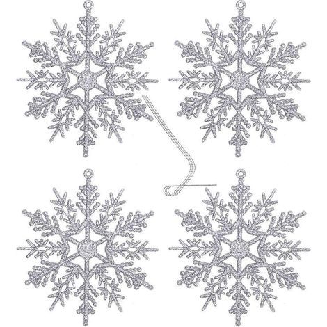 Set mit 12 glitzernden Schneeflocken-Weihnachtsdekorationen (10 cm), zum Selbergestalten und Aufhängen an Weihnachtsbaum, Party, Zuhause, Wand oder Tür. – Silber (1/2)