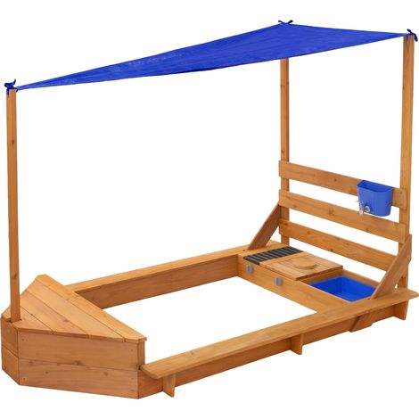 ML-Design Sandkasten mit Dach & Matschküche, Sandkiste aus Massivholz, Boots-/Schiffsdesign, Sandbox Outdoor mit 2 Sitzbänken & Zubehör, UV-Schutz/Kantenschutz, Gartenspielzeug für Kinder, 101x163 cm (1/5)