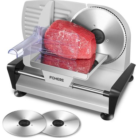 200W Electric Ham Sausage Slicer, 2 Detachable Blades 19 cm, 0-15 Thick Precise Groove Switch for Safe Use, for Bread, Ham, Cheese Meat, Silver (1/5)