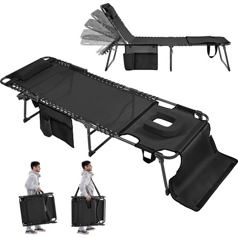 Homevive Cama de Camping Plegable con Colchón Extra Grueso y Almohada y Bolsillo Latera Respaldo Ajustable en 5 Posiciones hasta 136kg para Piscina Playa Patio Terraza, 189,5×67×35 cm, Negro (1/5)