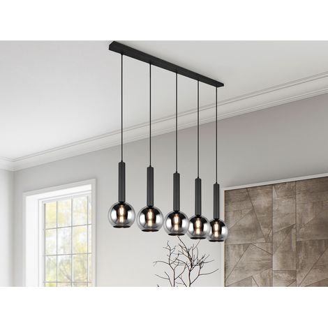 LED Pendelleuchte Industrial 5 flammig mit Rauchglas Kugeln, Breite 115cm (1/5)