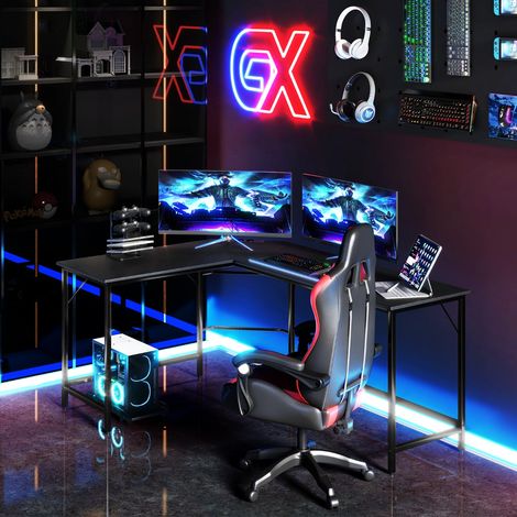 Design In – Bureau d'angle 168 cm avec 2 prises CA et 2 ports USB – Support UC intégré – Cadre métal noir pour espace de travail optimisé - CW87256 (1/2)