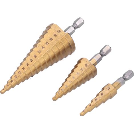 3-teiliges Stufenbohrer-Set mit Sechskantschaft, aus HSS (Hochleistungsschnellstahl), glatter, robust und langlebig, titanbeschichtet (1/5)