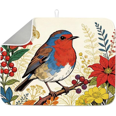 Tapis de séchage vintage pour oiseaux 45 x 60 cm - Aquarelle - Motif floral - Baies rouges - Serviette de séchage rustique et absorbante pour table, comptoir, évier, bar à café (1/5)
