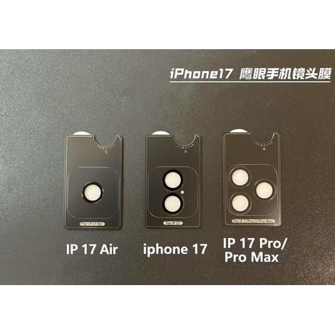 Funda para iPhone 17 con 2 pegatinas estándar para posicionamiento de CD y un protector de lente con textura metálica.