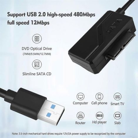 Adaptateur Usb 2.0 Vers Mini Sata Ii - Pour Lecteurs Cd Dvd Slimline - Alimentation Par Bus Usb - 35 Cm - Noir (1/5)