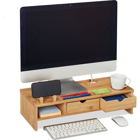 Relaxdays – Support d’écran PC en bambou avec 2 tiroirs – Dimensions H13xL54xP23 cm – Ergonomique pour soulager le dos – Rangement pratique