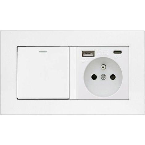 Bouton-poussoir tactile à bascule, 1 compartiment, prise 2 voies et 3 en 1 avec alimentation USB 2,1 A et adaptateur Type-C (1/3)