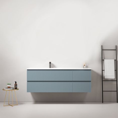 Mobile bagno sospeso cannettato 140 cm Blu Avio Lavabo a Sinistra in Resina Senza Specchio - Fiji Paint (1/4)
