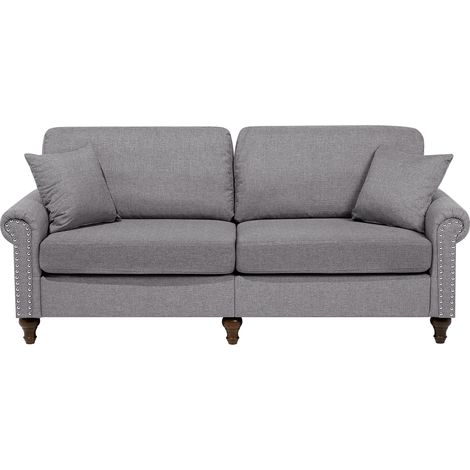 Sofá 3 plazas tapizado en tela gris claro estilo Chesterfield con respaldo bajo Otra