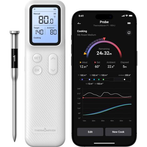 Wireless Bluetooth Smart Meat Thermometer, Base Station, Unlimited Range, Accuracy, App Alerts, for BBQ, Oven, Smoker, BBQ (White) (1/5)