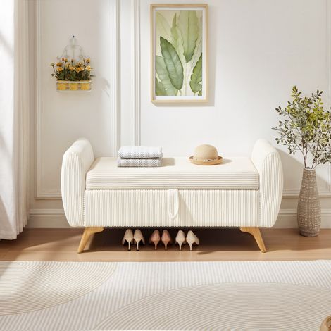 Banc de Rangement Pliable, avec Coffre Intégré et Pieds en Bois Massif, pour Chambre et Entrée, Velours Côtelé, Beige (1/5)