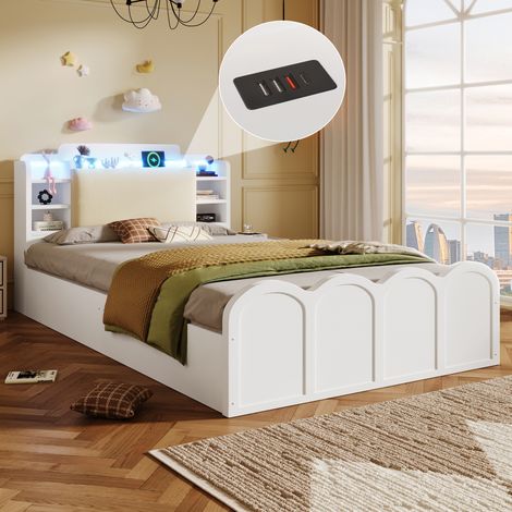REDOM Letto contenitore 90x200 cm, letto singolo con LED e USB, vano segreto ribaltabile, in MDF, bianco, senza materasso (1/5)
