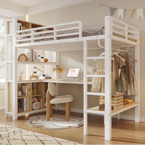Cama alta infantil 90x200cm con escritorio, armario, estantes y almacenamiento, estructura estable de metal MDF - blanco (1/5)