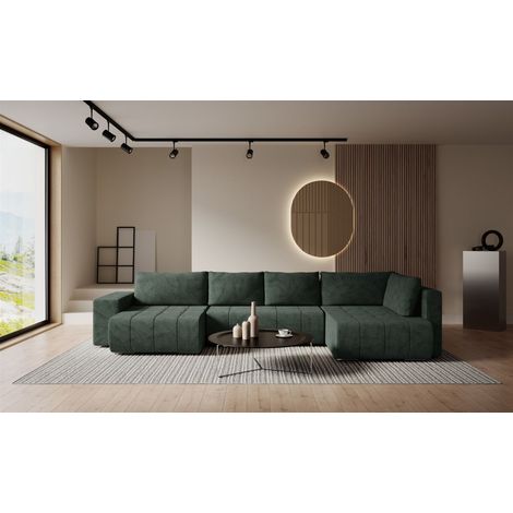 Wohnlandschaft Schlafsofa ARMANDA in Stoff Blur Grün langer Schenkel Rechts