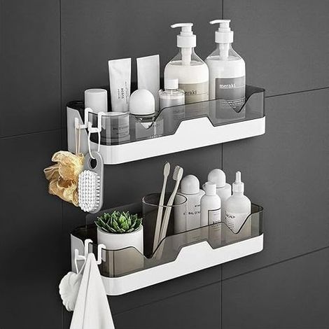 QAZQA 2-Pack Porte-Douche, Organisateur de Douche séparable avec Crochets, étagère de Douche à Double Couche sans perçage utilisée pour la Salle de Bain et la Cuisine (Gris)
