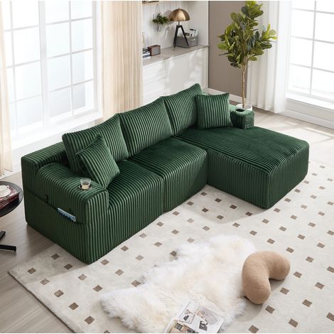 Sofá modular con chaise longue 257x160x62 cm verde esmeralda en pana con 5 cojines, bolsillos laterales y portavasos (1/5)