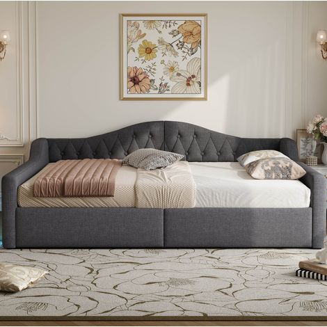 DESVIAE Lit de jour capitonné 140 x 200 avec éclairage led sur les deux côtés et rangement intégré gris (1/4)
