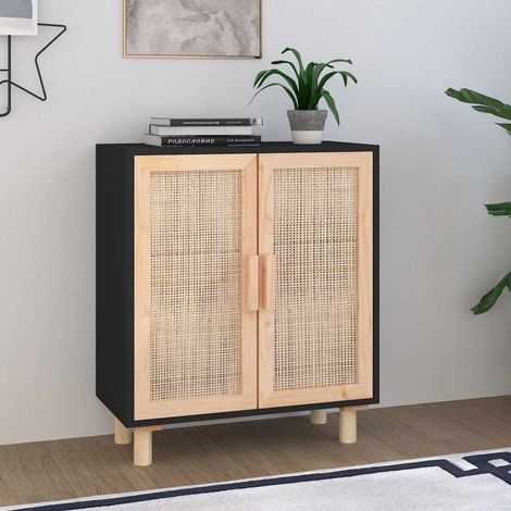 vidaXL Buffet Noir 60x30x70 cm Bois de pin massif et rotin naturel (1/5)