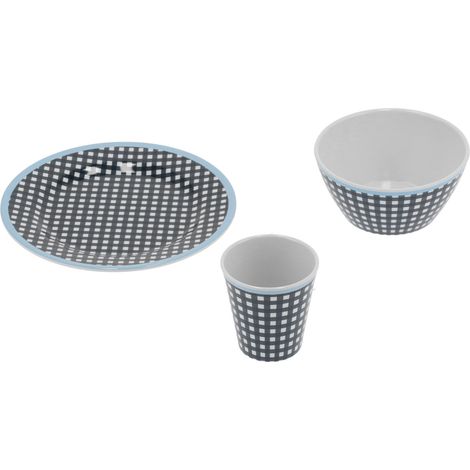 Service de table pour la maison et le restaurant : assiette, bol et tasse à salade de fruits bleu foncé à motif quadrillé. (1/5)