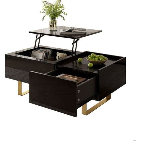 Table basse - SOGEU - Relevable - Plateau MDF finition brillante - Tiroir extensible - Pieds fer dorés (1/5)