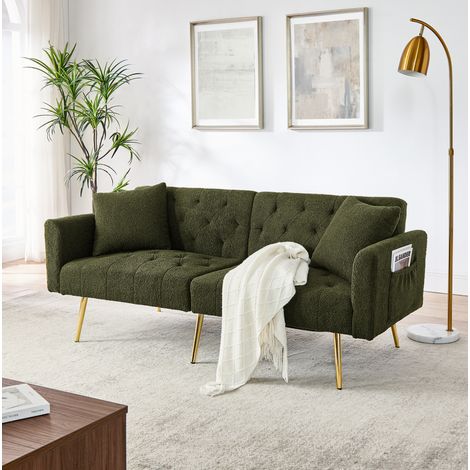 Canapé 2 places vert en Lammfell-Optik avec dossier réglable et 2 coussins (1/5)