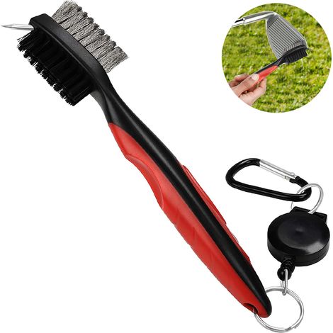 Brush Pour Clubs De Golf - Double Face Nylon Et Fil De Fer - Embout Pointu Avec Gaine De Sécurité - Attache Rétractable En Aluminium - 19 cm - 1 Pièce (1/5)