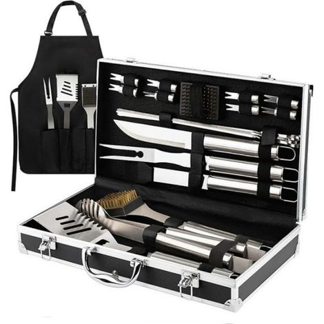 Ensemble de 21 accessoires de barbecue argentés, ustensiles robustes en acier inoxydable.-AquaForge (1/5)