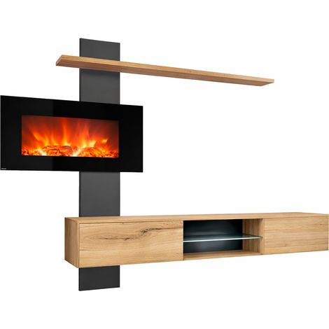 Parete Attrezzata Soggiorno Mobile Tv Biocamino Led Mensola Design Living Arredo Casa Contemporaneo Contenitore Multimediale Vetro Push Click Struttura Laminato 250x170x40 Cm Rovere E Antracite (1/5)