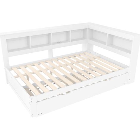 Cama diván 140 x 200 cm blanca con cama nido, enchufe y 2 puertos USB, somier sin colchón (1/5)