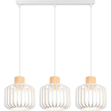 3 Lampes Suspension Luminaire Industrielle, 18cm Lustre Plafonnier en Bois Métal Design Cage Rétro Lampe de Plafond E27 Éclairage Décor Vintage pour Salon Cuisine Salle à Manger (Blanc, Barre) (1/5)