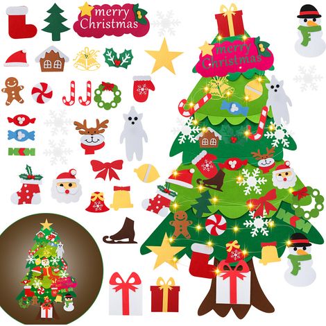 Jiubiaz Albero di Natale in feltro fai da te per bambini, set decorativo natalizio con 33 ornamenti removibili, chiusura a strappo da parete 105x70cm (1/5)