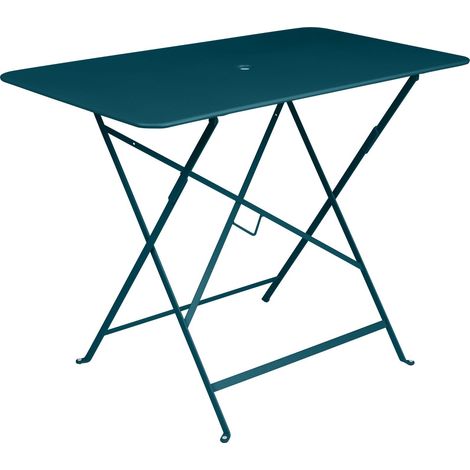 Table Bistro Rectangulaire en Acier, 57 x 97 cm, 4 Places, Pliable, avec Trou Parasol, pour Extérieur Bleu Acapulco