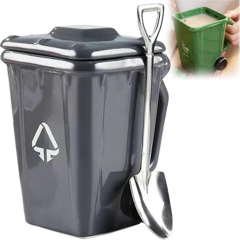 Mug Poubelle Recyclage Mug à café humoristique en céramique 414 ml avec cuillère-pelle Mug original fantaisie pour bureau noir (1/5)