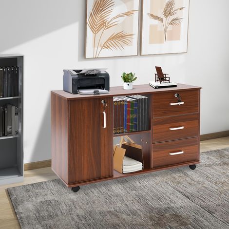 Armario de oficina con ruedas, archivador móvil con cerradura y 3 cajones, espacio de almacenamiento cerrado y abierto, armario debajo del escritorio para papel A4, cartas, carpetas, 90 x 34 x 59 cm. (1/5)