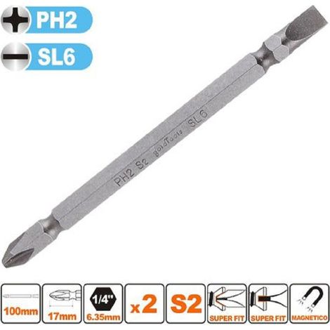 TRADE SHOP - Kit 2pz Di Bits Da 100mm Punte Doppie Inserti Ph2 + Sl6 Punta S2 Magnetica 57244 - (1/2)