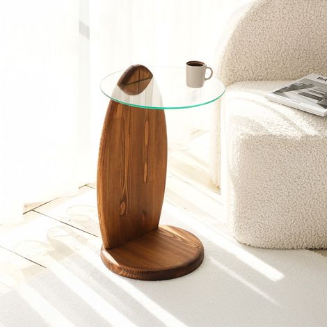 Table d'appoint 35x35x53 cm en verre et bois massif noyer - FURA (1/5)