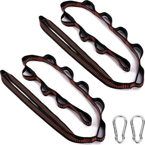 Lot de 2 sangles de suspension pour hamac, 300 kg, kit de suspension pour arbre, balançoire, corde avec 2 mousquetons à crochets pour camping, extérieur, randonnée