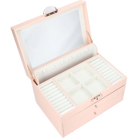 Große Schmuckaufbewahrungsbox (für Ohrringe, Ringe), integrierter Spiegel, Tragegriff, pfirsichrosa Farbe, extra großes Fassungsvermögen (1/5)
