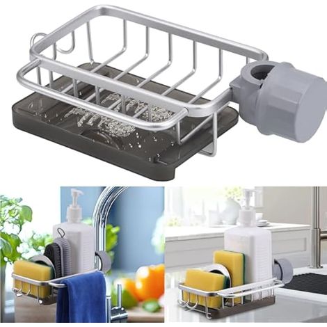 Étagère de Rangement pour Robinet, Porte Eponge Evier Cuisine avec Plateau et Crochet, Aluminium Support de Rangement pour Robinet pour Brosse Chiffons Savons Argent