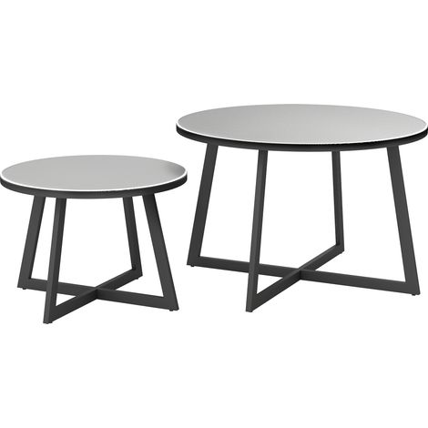 2er Set Beistelltisch Stapelbar Gartentisch Rund wetterfest Balkontisch mit X-Beine Glasplatte Stahl Schwarz+Grau
