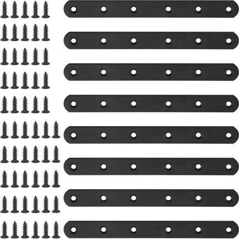 Lot de 8 équerres de fixation plates et droites de 200 mm en métal noir avec 55 vis pour meubles en bois (200 x 20 x 3 mm) (1/5)