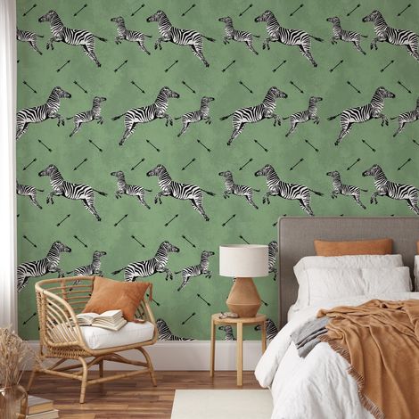 Papier peint vert adhésif pour chambre avec motif zèbres