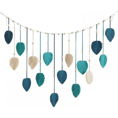 Grande tenture murale bohème tissée à la main avec perles et feuilles décoration pour salon et chambre 75 x 120 cm couleur bleu (1/5)